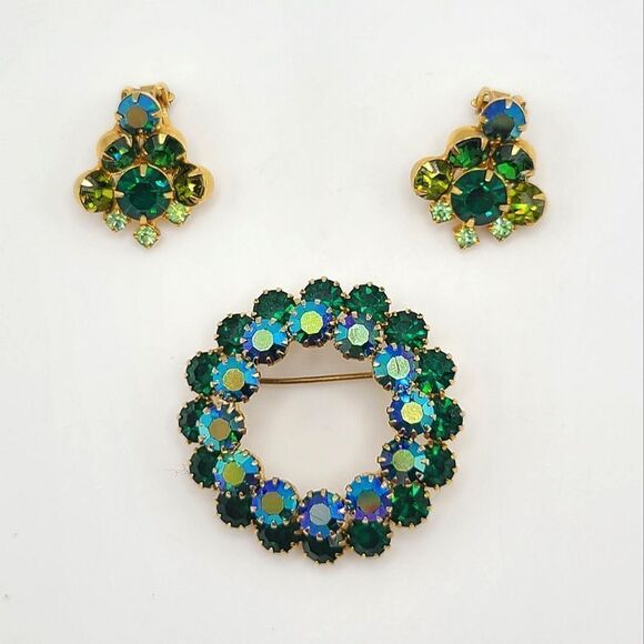 Gorgeous Vintage Austrian Green AB Rhinestone Brooch Pin an Earrings Set, - Picture 3 of 7